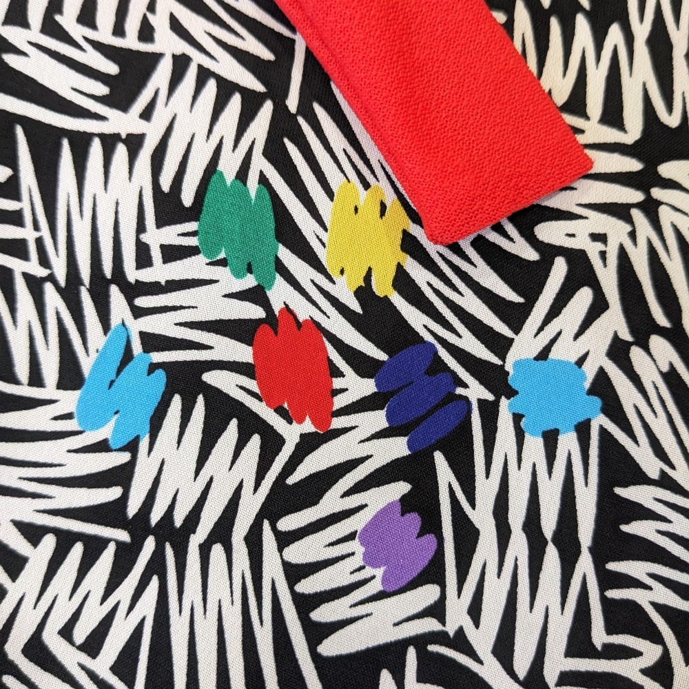 Vintage 80s Peter Pan Collar Abstract Dress L Bow Tie Blouson Art Teacher Quirky - Picture 7 of 16